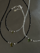 Silver925×天然石｜ポイントトルマリン グレームーンストーン チョーカーネックレス 35cm〜38.5cm（Reeplushハンドメイド）