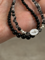 Silver925×天然石｜ブラックルチルとオニキスの2連メダイブレスレット（Reeplushハンドメイド）
