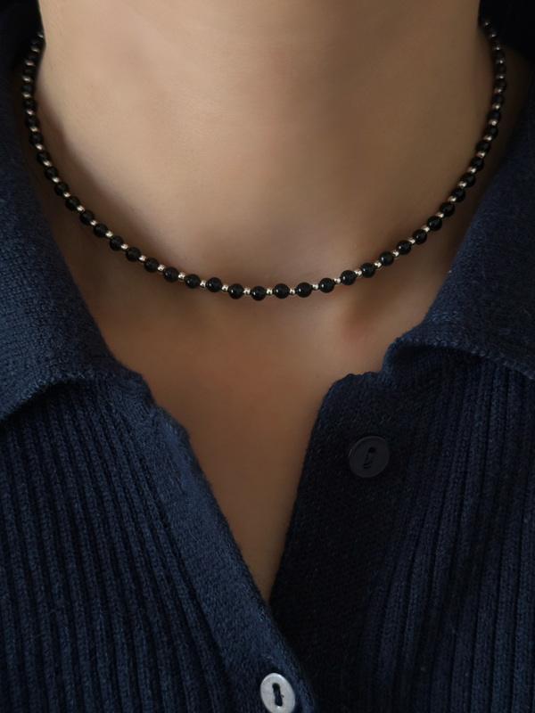 Silver925×天然石｜オニキスチョーカー ネックレス37cm〜41cm（Reeplushハンドメイド）チャーム追加可能