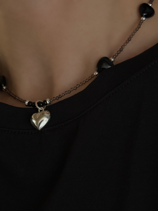 Silver925×天然石｜ハート・オニキス×スモーキークォーツ ネックレス（Reeplushハンドメイド）