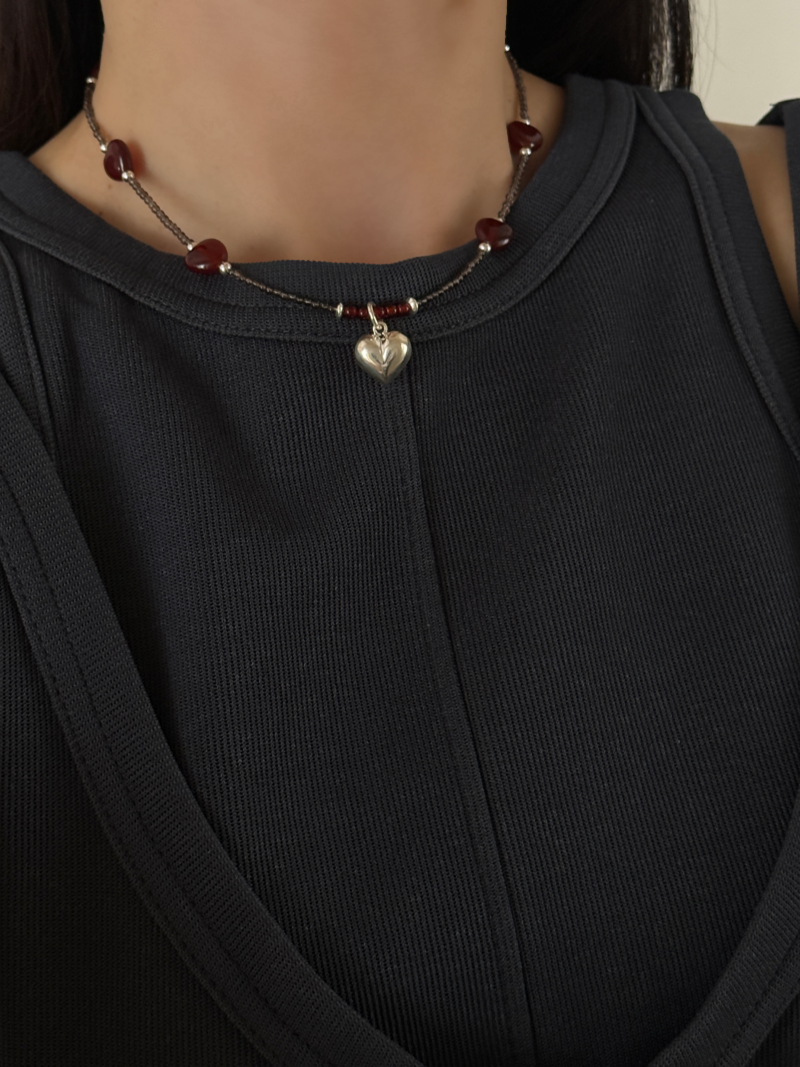 Silver925×天然石｜ハート・レッドオニキス×スモーキークォーツ ネックレス（Reeplushハンドメイド）