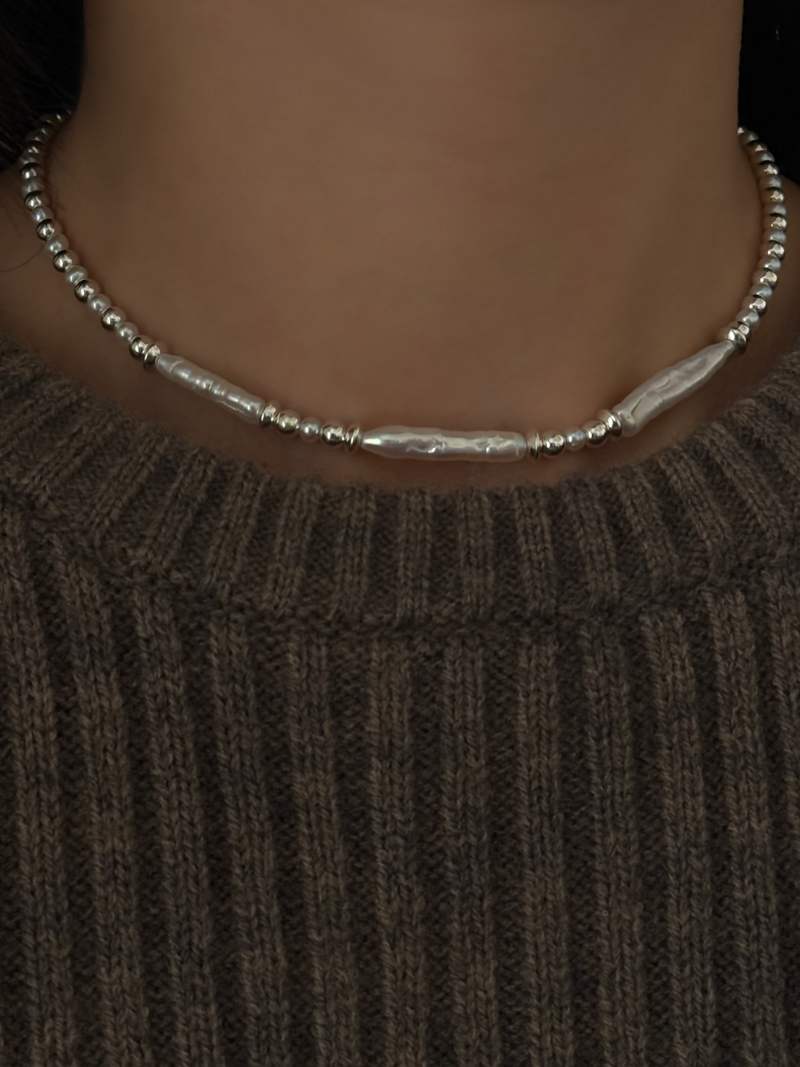 Silver925×天然石｜バロックパールチョーカー ネックレス36cm〜40.5cm（Reeplushハンドメイド）