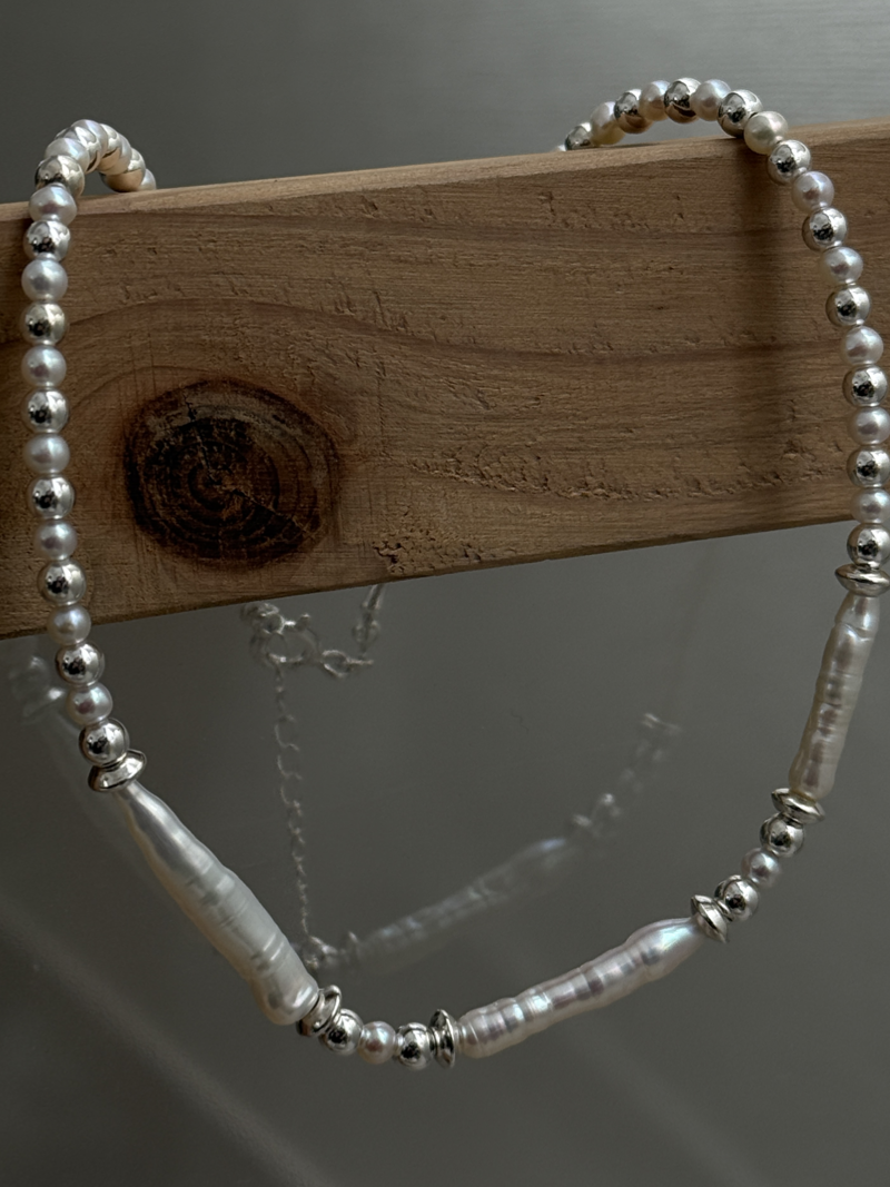 Silver925×天然石｜バロックパールチョーカー ネックレス36cm〜40.5cm（Reeplushハンドメイド）
