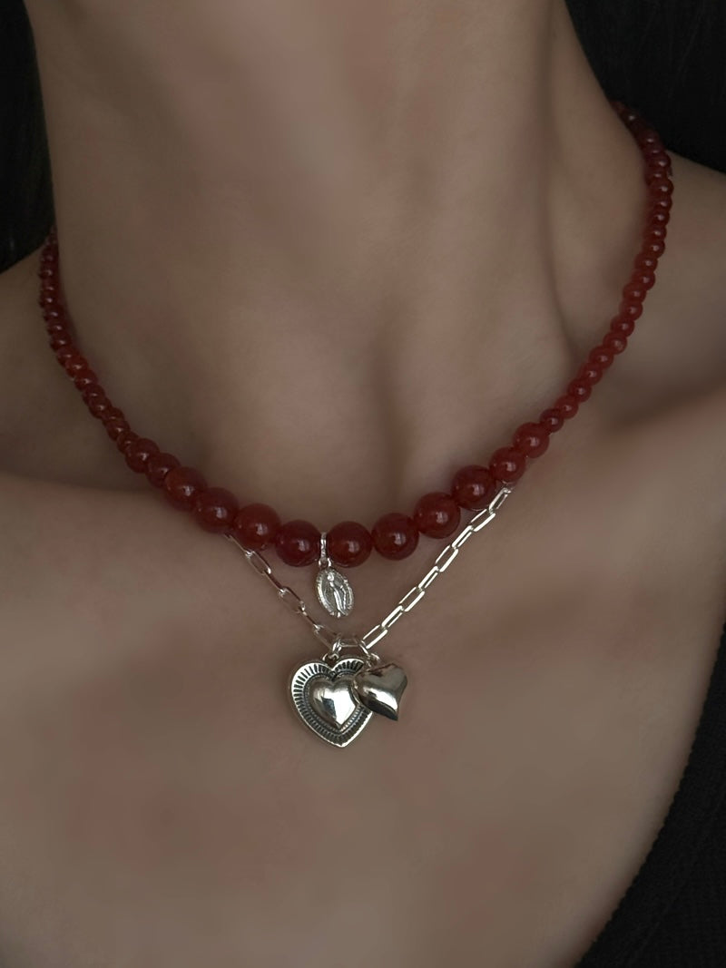Silver925×天然石｜レッドオニキス+メダイ ネックレス/38cm+3.5cm（Reeplushハンドメイド）