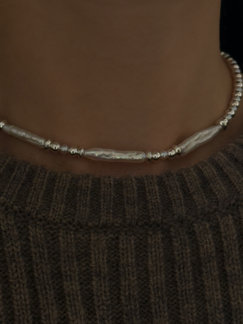 Silver925×天然石｜バロックパールチョーカー ネックレス36cm〜40.5cm（Reeplushハンドメイド）