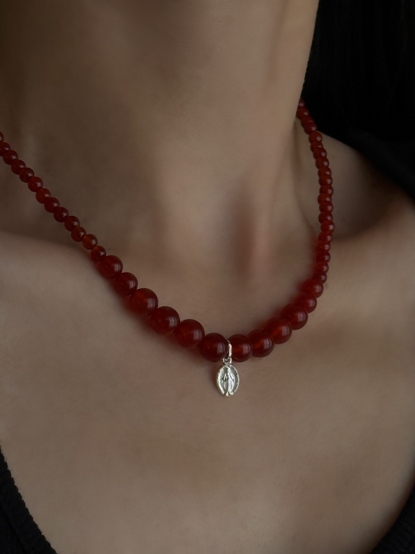 Silver925×天然石｜レッドオニキス+メダイ ネックレス/38cm+3.5cm（Reeplushハンドメイド）