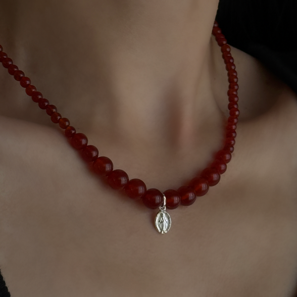 Silver925×天然石｜レッドオニキス+メダイ ネックレス/38cm+3.5cm