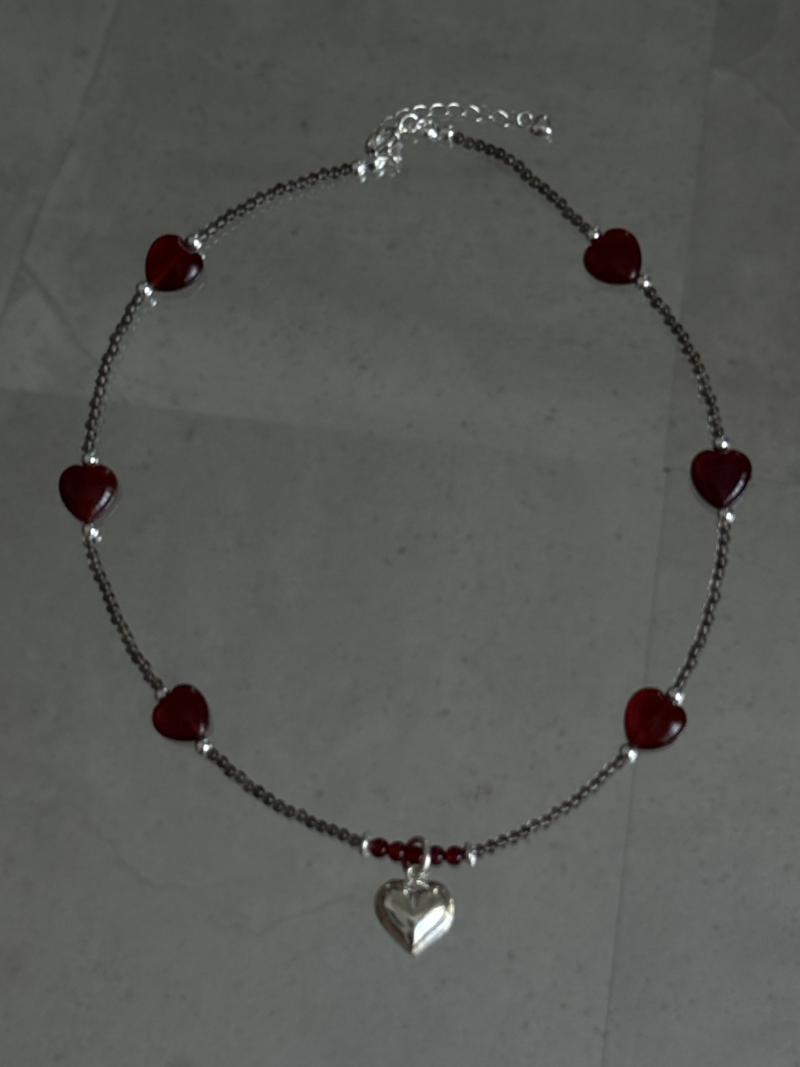 Silver925×天然石｜ハート・レッドオニキス×スモーキークォーツ ネックレス（Reeplushハンドメイド）