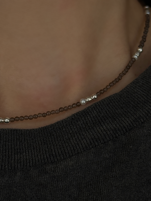 (再入荷)Silver925×天然石｜スモーキークォーツ +パール チョーカーネックレス（Reeplushハンドメイド）