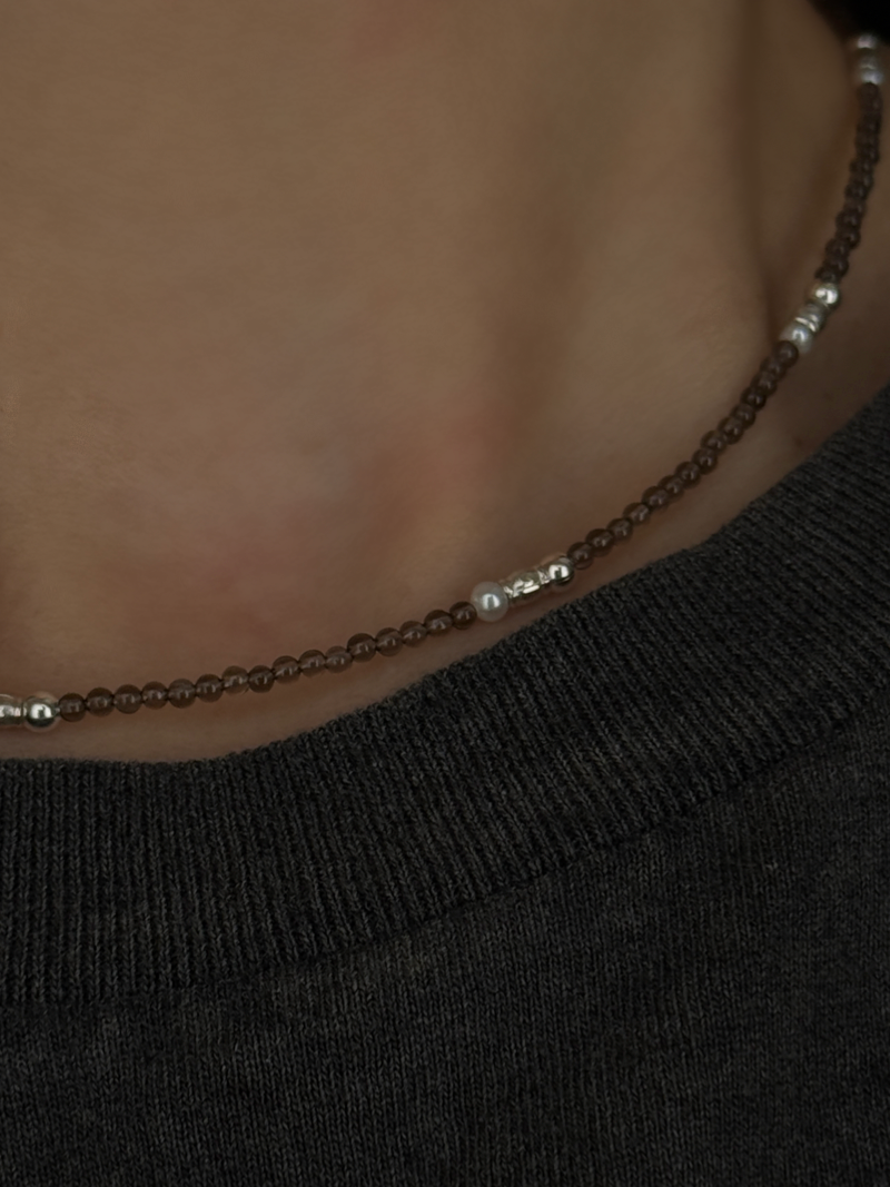(再入荷)Silver925×天然石｜スモーキークォーツ +パール チョーカーネックレス（Reeplushハンドメイド）