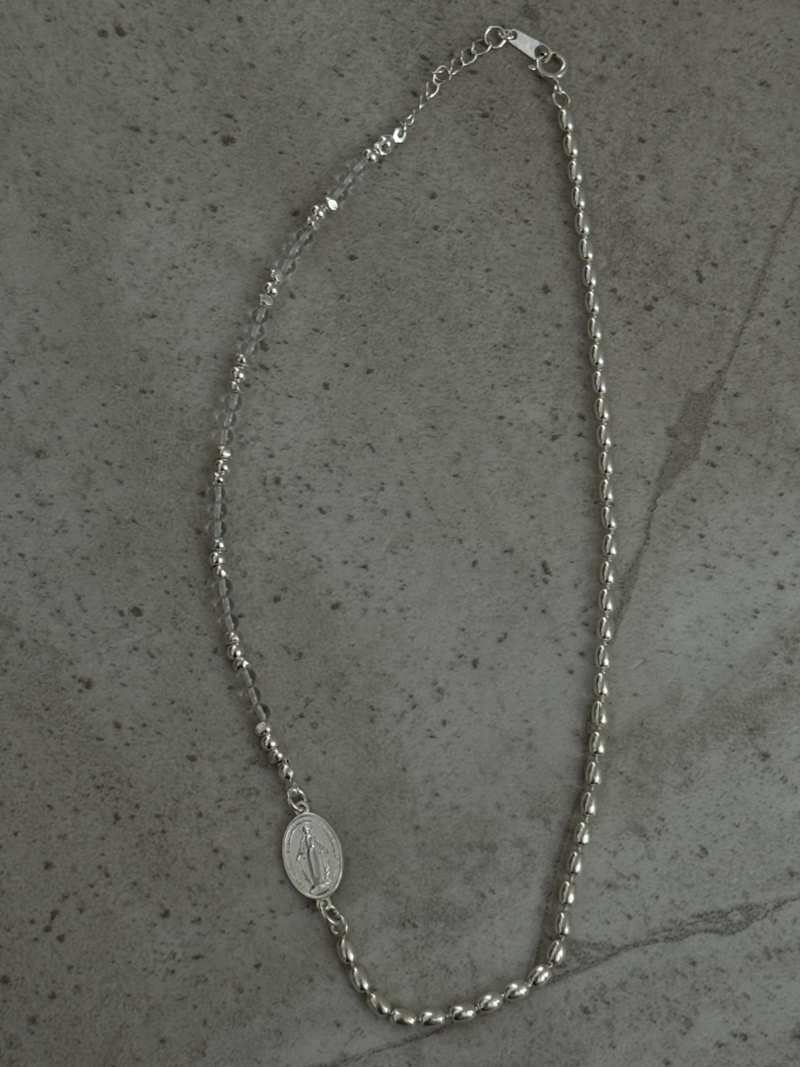Silver925×天然石｜ロッククリスタル×シルバービーズミックスチェーン ネックレス（Reeplushハンドメイド）