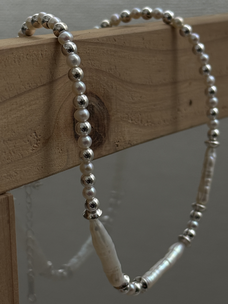 Silver925×天然石｜バロックパールチョーカー ネックレス36cm〜40.5cm（Reeplushハンドメイド）