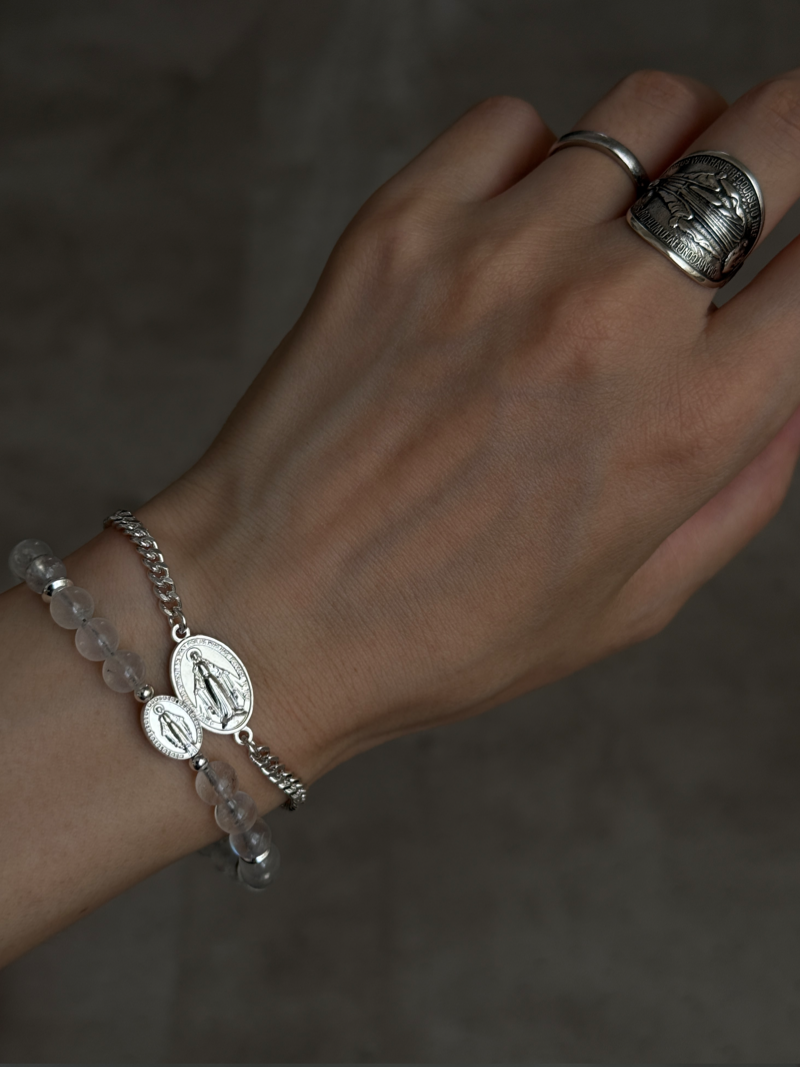 Silver925×天然石｜レインボームーンストン×メダイ ブレスレット（Reeplushハンドメイド）