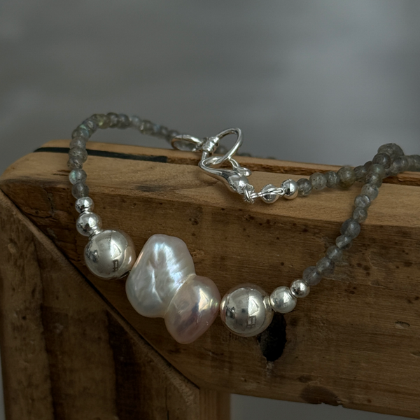 Silver925×天然石｜ラブラドライトとバロックパールのチョーカー
