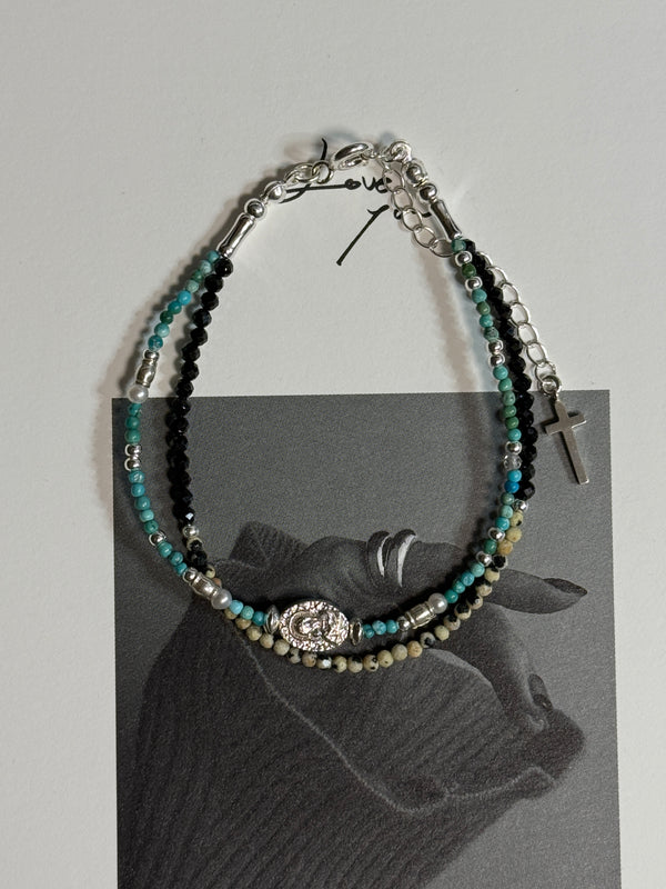 Silver925×天然石｜ターコイズ×オニキス×大ルメシアンジャスパー2連 メダイブレスレット（Reeplushハンドメイド）